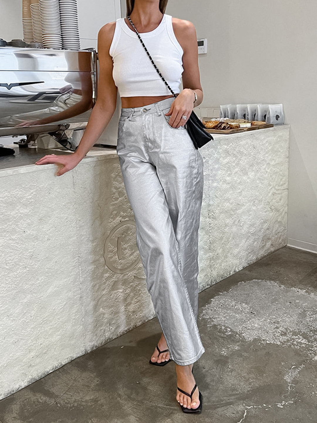 Sophie - Pantalon taille haute en argent