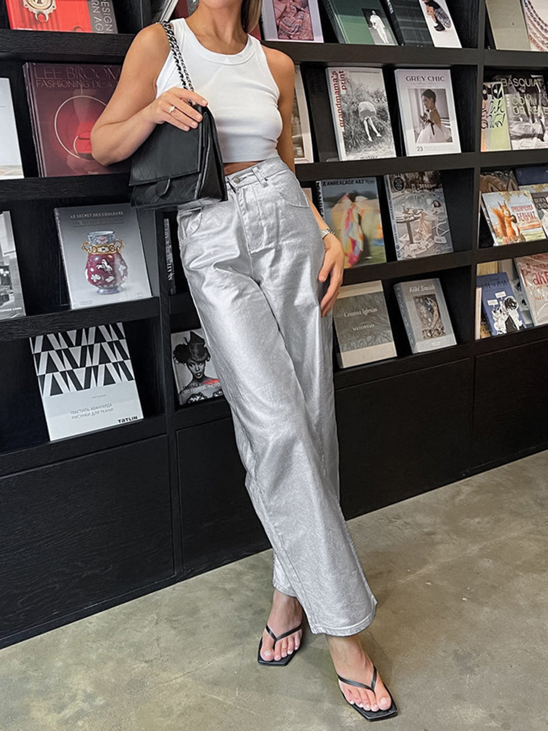 Sophie - Pantalon taille haute en argent